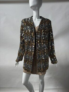 Vintage 80's Gold & Silver Sequin Chevron Jacket By Teddi Of California Size Lg